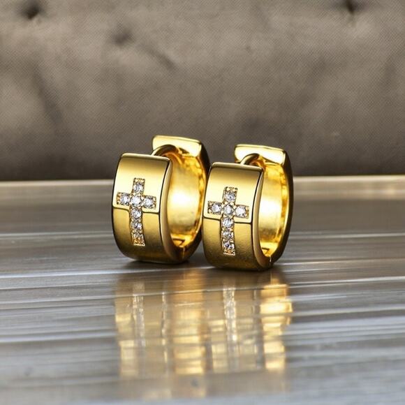 NEW 18K yellow gold CZ cross Christian huggie hoops earrings jewelry B5A - Picture 1 of 6